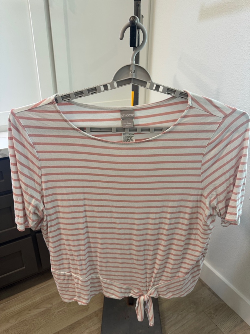 Chico's White and Light Pink Striped Short-Sleeve Tie-Front Dress Tee Size 4/XXL
